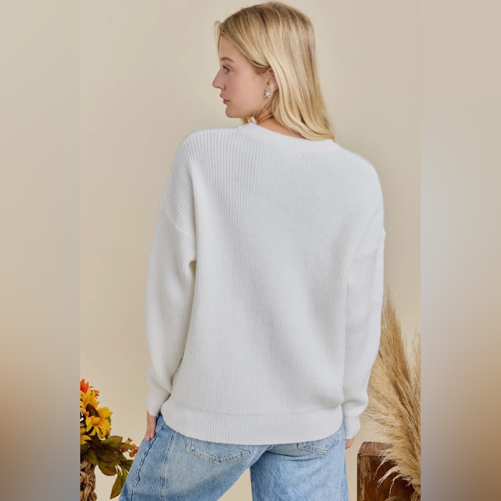 Main Strip White and Orange “Hello Pumpkin” Fall Crew Neck Sweater - Picture 3 of 3